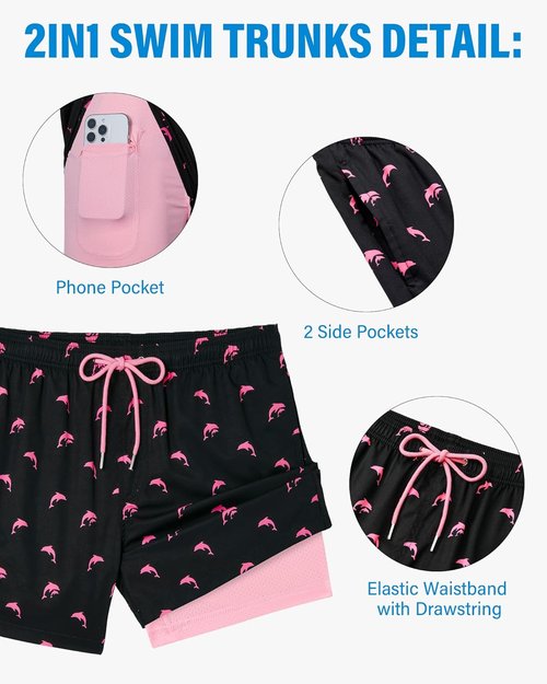 Gleeease Men's 5-Inch Swim Trunks - Quick Dry Compression Liner with Pockets | Fun Beach Design