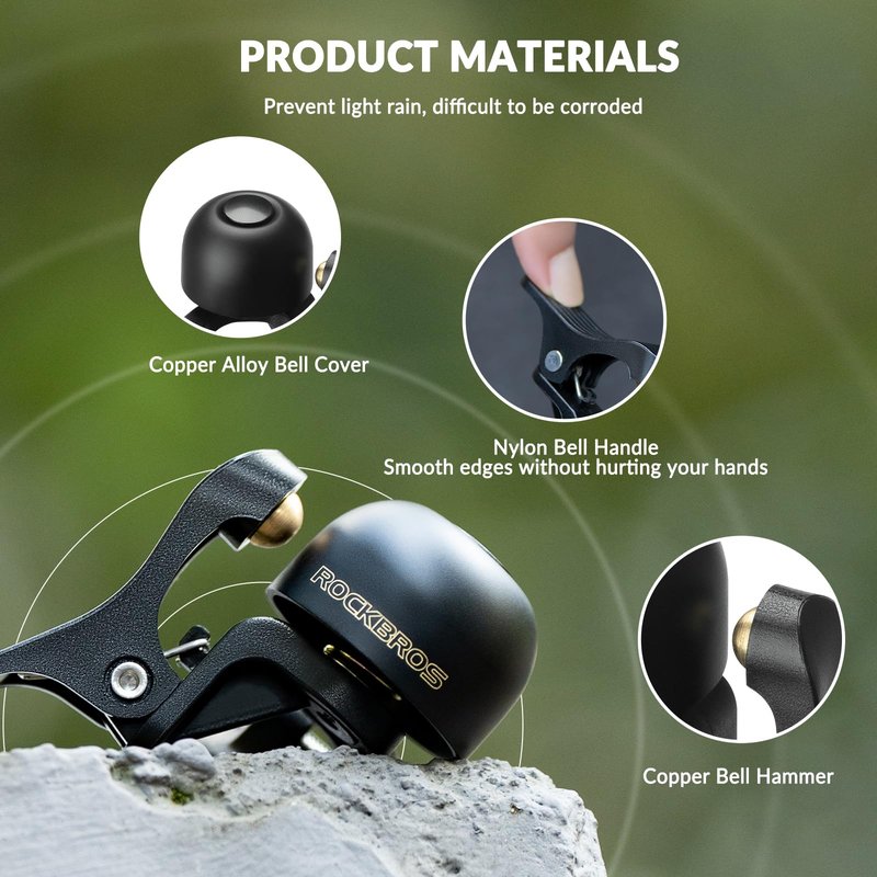 ROCKBROS Bike Bell Copper Alloy Durable Bicycle Bell with Clear&Long Sound, Left Hand Bike Ring Bell for Handlebars Adults More Than 100 dB