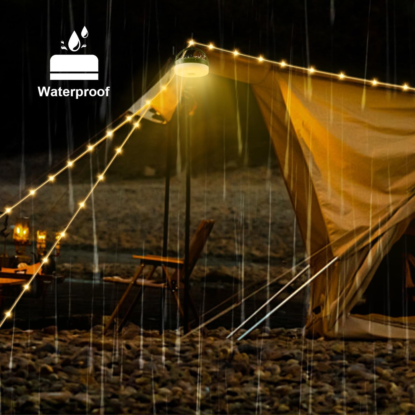 Solar Camping String Lights, Retractable Waterproof 33FT LED Camp Light with 8 Light Modes, Rechargeable 3000mAh Battery Powered Fairy Lights with Remote for Outdoor, Tent, RV, Patio, Awning, Party