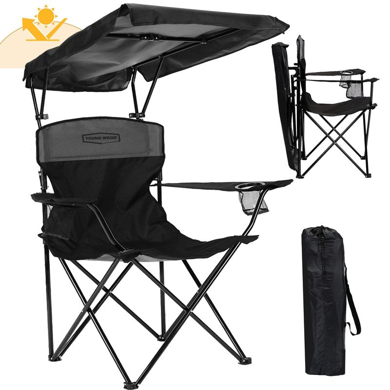 YOUNG WOOD Camping Chair with Canopy, Beach Chair with Shade,Portable,Lightweight Oversized for All, Easy to Open and Close Without Installation, Side Pocket Design for All Outdoor Activities，Black