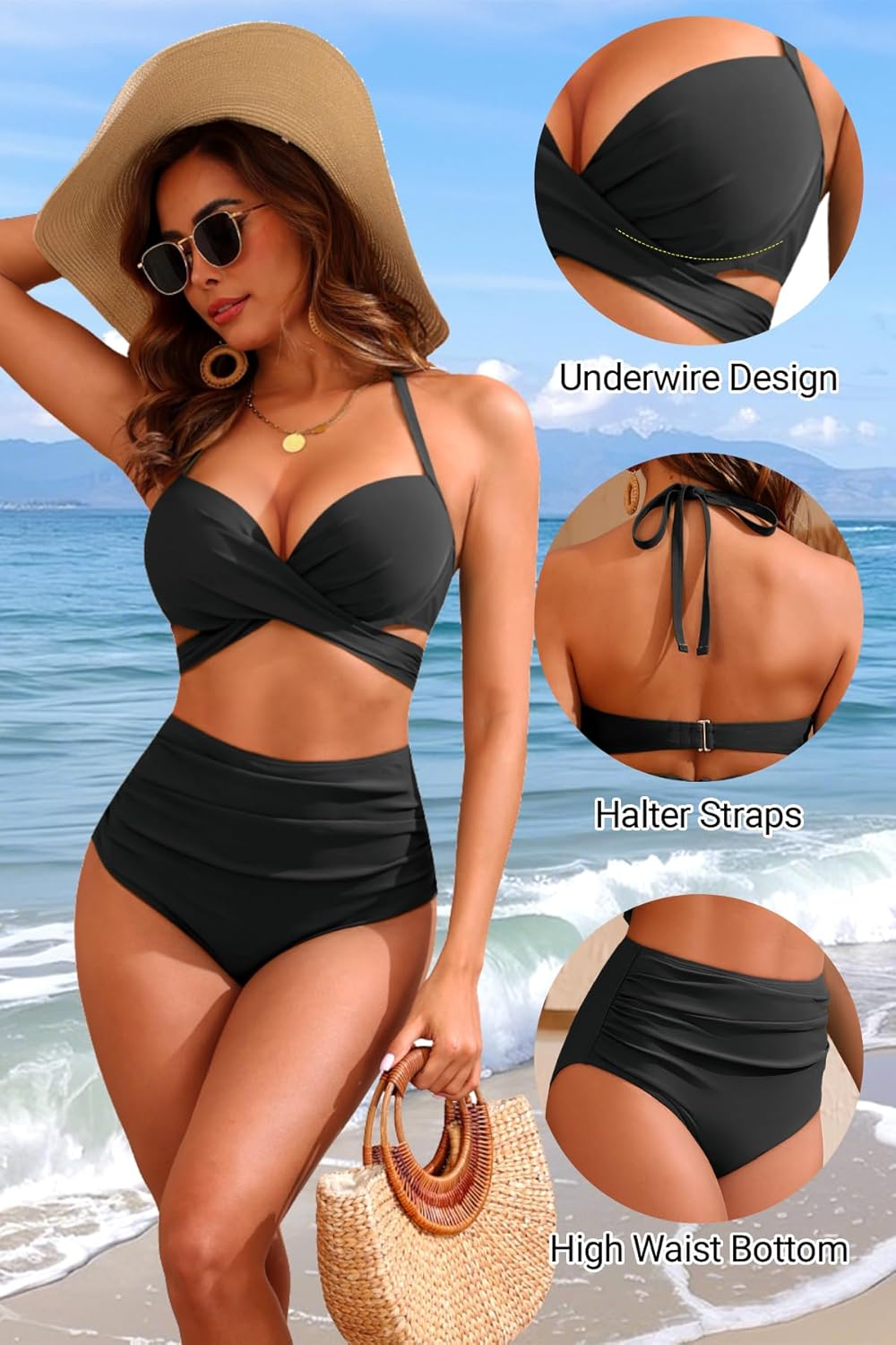 Skiennix High Waisted Underwire Bikini Set - Tummy Control Halter Two Piece Swimsuit for Women