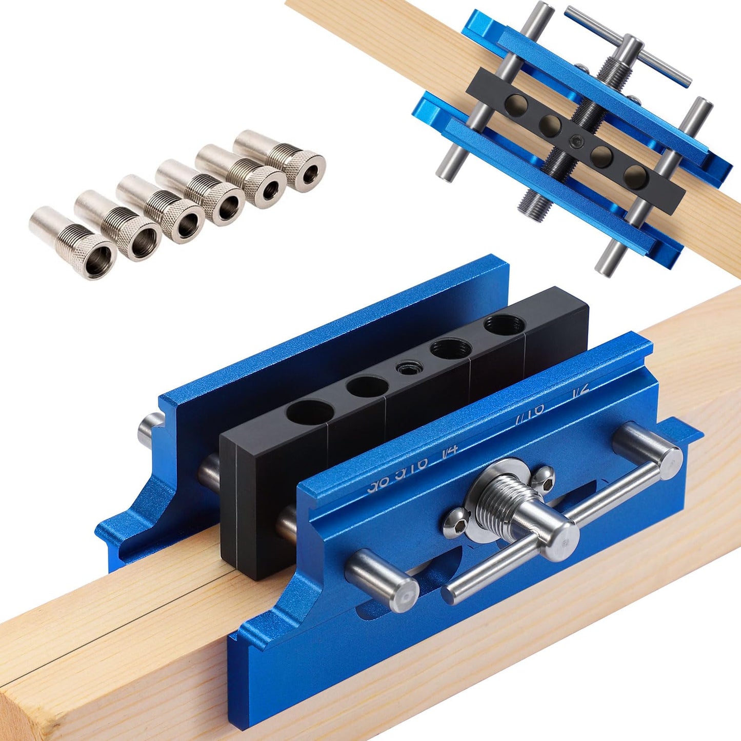 Self Centering Doweling Jig Kit,Adjustable Width Dowel Jig for Straight Holes,Adjustable Drilling Guide Wood Working Tools with 6 Drill Guide Bushings, Wood Doweling for Woodworking（Blue）