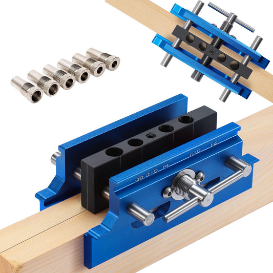 Self Centering Doweling Jig Kit,Adjustable Width Dowel Jig for Straight Holes,Adjustable Drilling Guide Wood Working Tools with 6 Drill Guide Bushings, Wood Doweling for Woodworking（Blue）