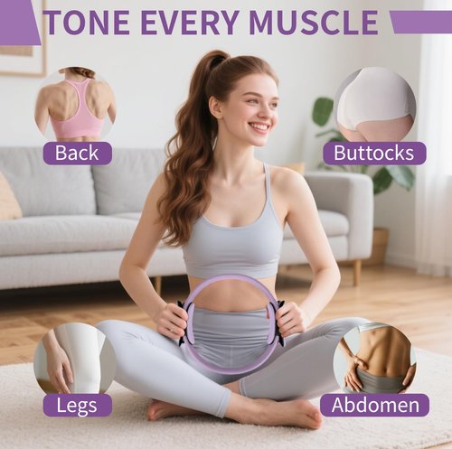 HAKELPOK Pilates Kit for Home Workouts Yoga for Women-12-Piece with Ring,Yoga Ball,5 Resistance Bands,Figure-8 Band,Arm Stretcher,Grippy Socks,Storage Bag for Toning,Strength & Flexibility(Purple)
