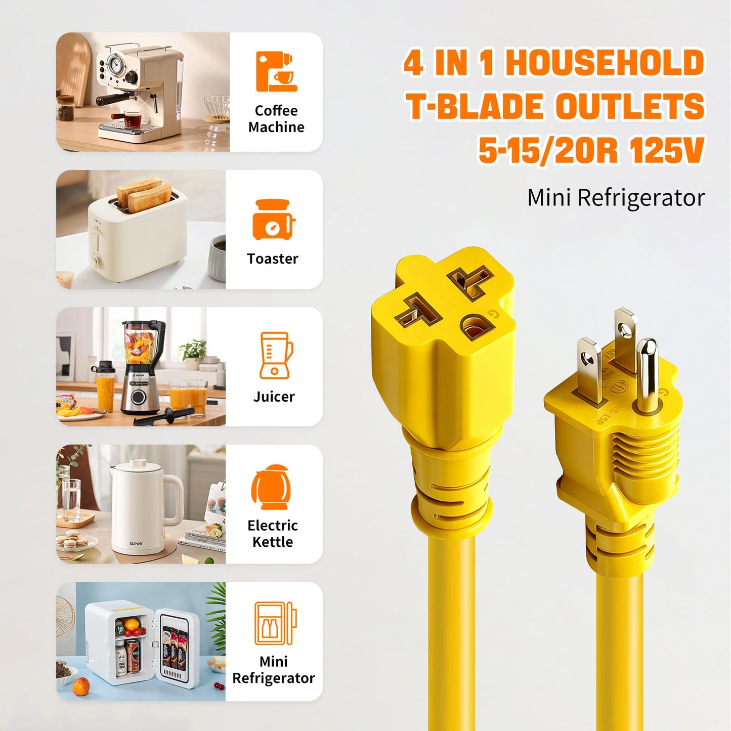 4-in-1 15 Amp to 20 Amp -1ft Extension Cable&Power Adapter， T Blade Adapter - 5-15P to 5-20R, 6-15R, 6-20R，12AWG AC Power Plug Adapter Cable