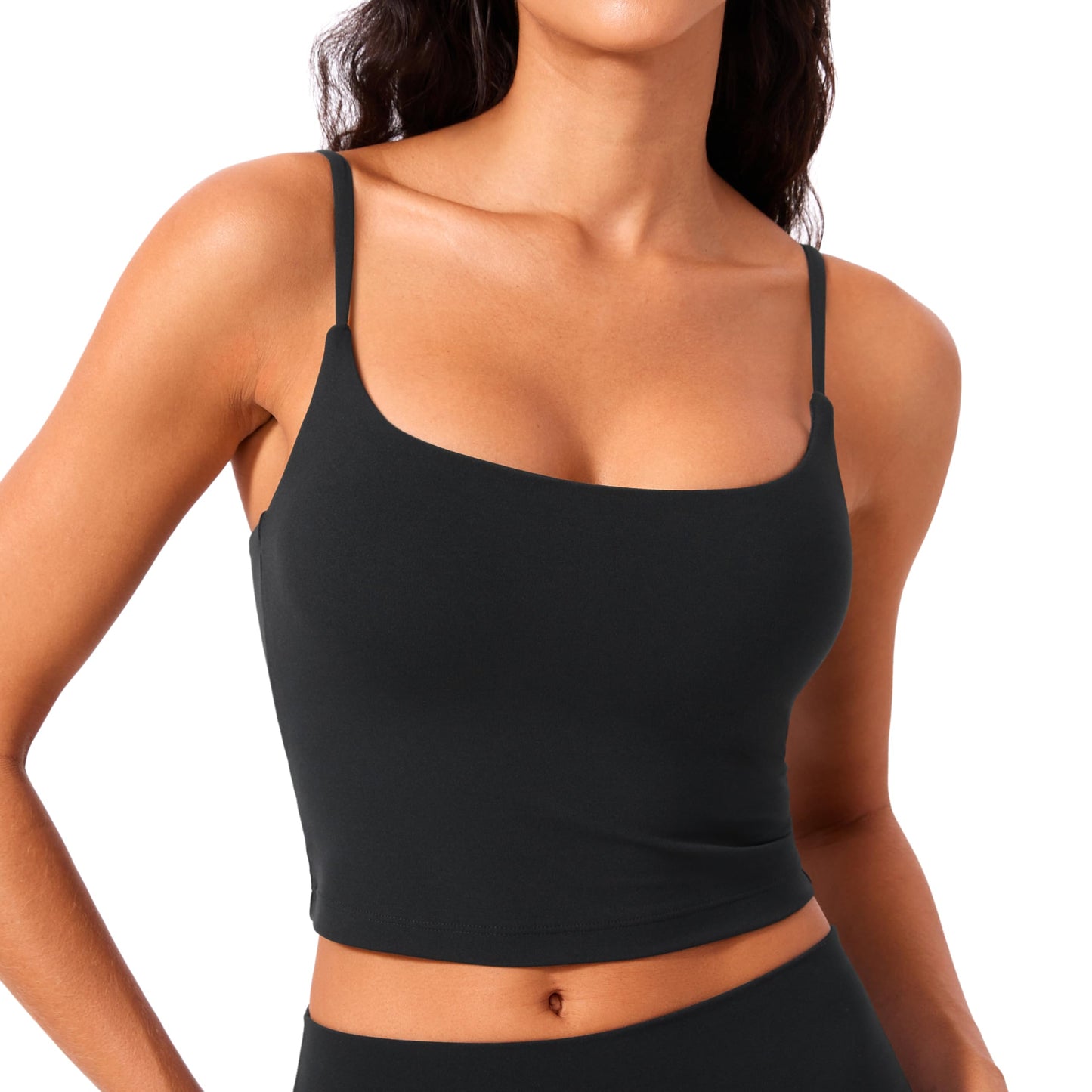 CRZ YOGA Butterlift Adjustable U Back Crop Tank Tops for Women - Padded Camisole Scoop Neck Workout Longline Sports Bras Black Medium