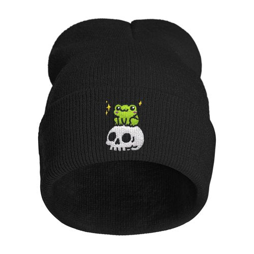 AIMASTZ Cute Frog Skeleton Embroidered Beanie Knit Hat for Men Women, Halloween Goth Graphic Winter Black Skull Cap