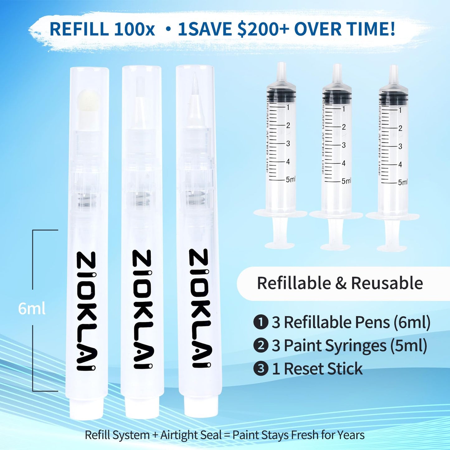 ZIOKLAI Refillable Touch Up Paint Pen Set 3 Paint Touch Up Pens Fillable Pens with 3 Syringes & 3 Brush Heads (Fine, Round, Flat) for Walls, Wood, Furniture, Cabinets, DIY