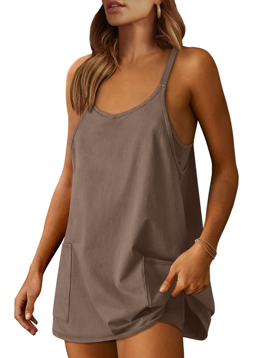 ANRABESS Women Athletic Dress Summer Tennis Workout Active Sports Mini Romper Dress Built in Shorts Travel Vacation Clothes Coffee Large