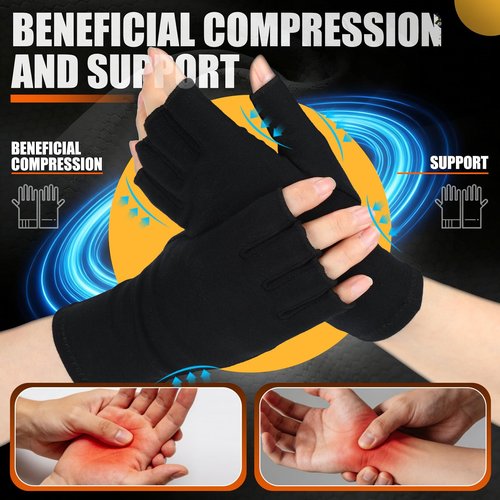 Cuffbow 3 Pairs Bamboo Compression Gloves Fingerless Bamboo Arthritis Gloves for Women Men with Breathable Fabric Arthritis and Carpal Tunnel Support, Size L, Black