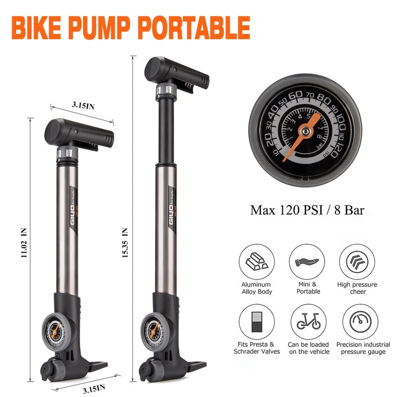 Mini Bike Pump with Pressure Gauge - Presta & Schrader Bike Tire Pump - 120 PSI Portable Bicycle Air Pump for Road & Mountain Bike (Style:A)