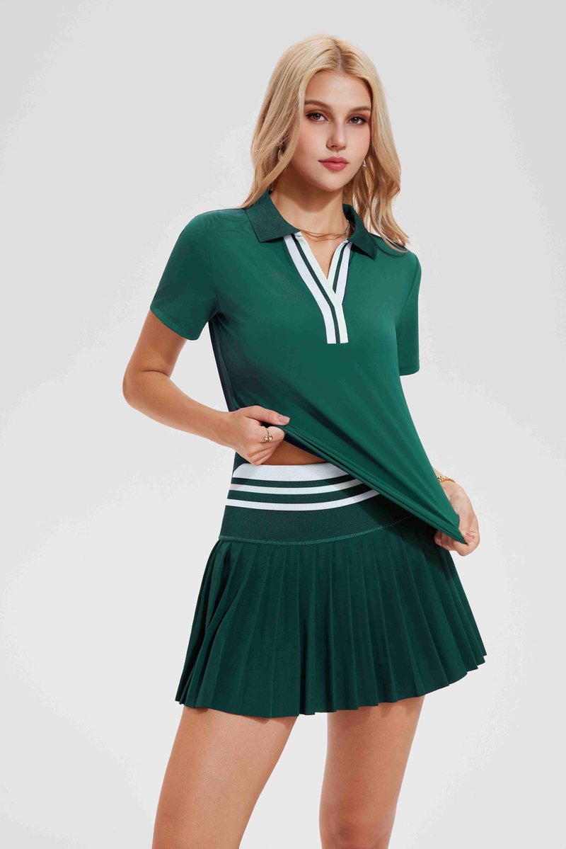 Tennis Skirt Set for Women Color Block V Neck Golf Pickleball Outfits Pleated Athletic Two Piece Skirts Sets Green