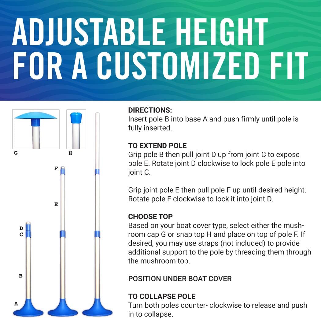 Better Boat Boat Cover Support Poles - Adjustable Twist Lock with Snap & Mushroom Tops | Marine Grade Aluminum, 2 Pack