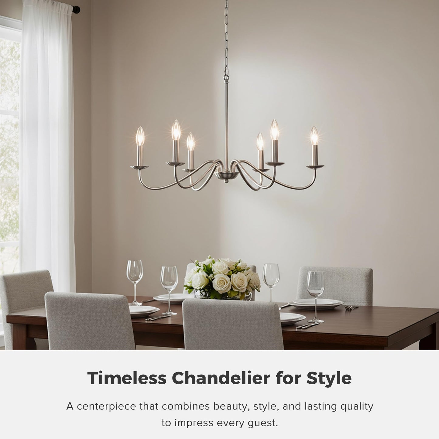 YCZHCC 27.5'' Brushed Nickel Chandelier, 6-Light Farmhouse Chandelier for Dining Room Lighting Fixture, Rustic Industrial Modern Candle Chandelier for Bedroom, Kitchen, Living Room, Foyer, Hallway
