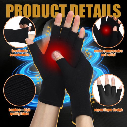 Cuffbow 3 Pairs Bamboo Compression Gloves Fingerless Bamboo Arthritis Gloves for Women Men with Breathable Fabric Arthritis and Carpal Tunnel Support, Size L, Black