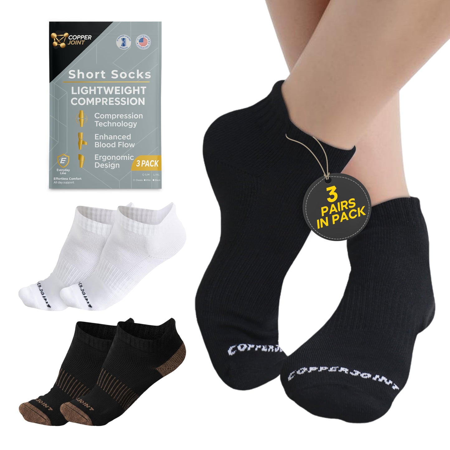 CopperJoint Low Cut Ankle Compression Socks 3 Pairs, Breathable Moisture Wicking for Sports & Daily Use, Black, L-XL
