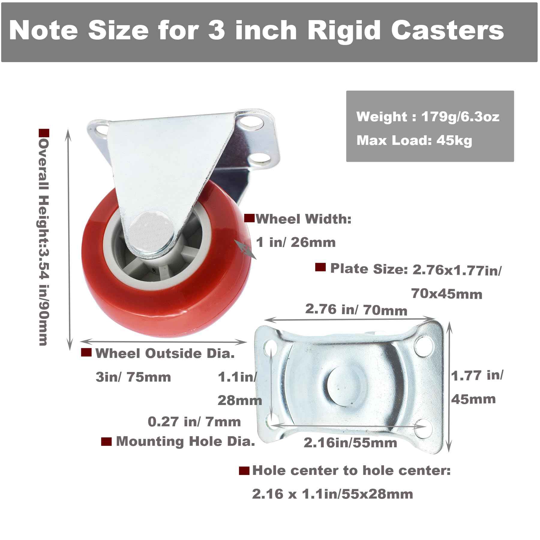 Floyutin 3 inch Rigid No-Swivel Plate Hard Rubber Caster Wheels for Furniture and Workbench 6 Packs(Free Screws)