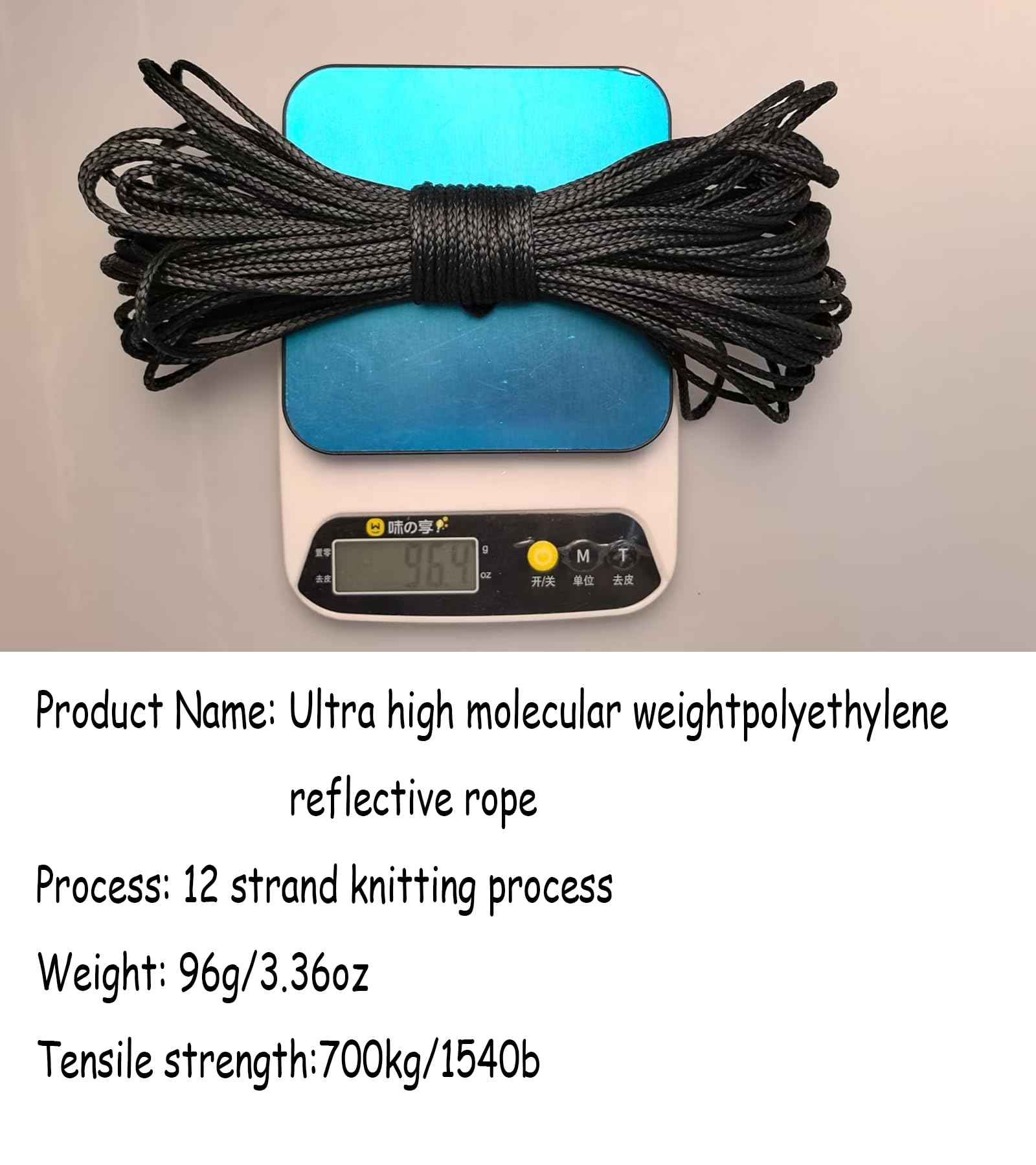 12 Strand Braided Dyneema Rope -3mm 700kg Fracture Strain - Suitable for Tents, Kiteboarding, and Other 65 feet (Black)