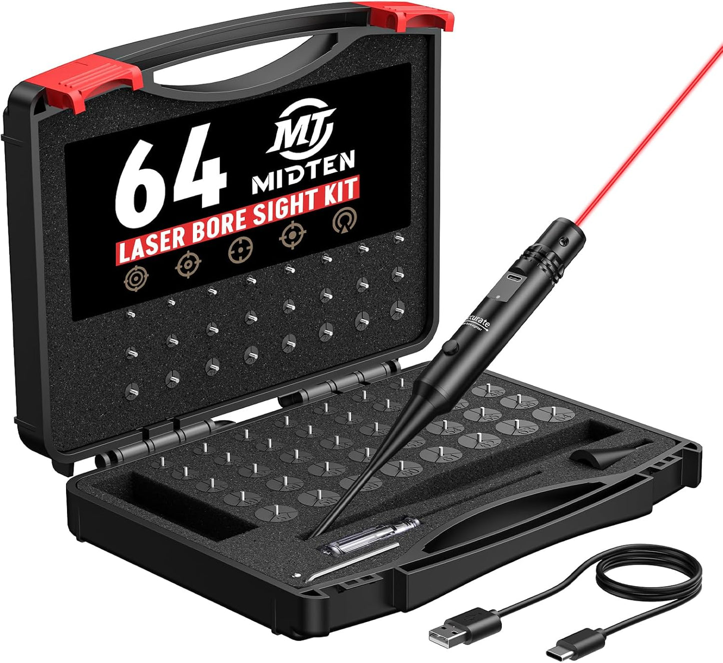 MidTen Bore Sight Laser Kit - 64 Adapters for 0.167 to 12GA Calibers | Rechargeable Green/Red Laser