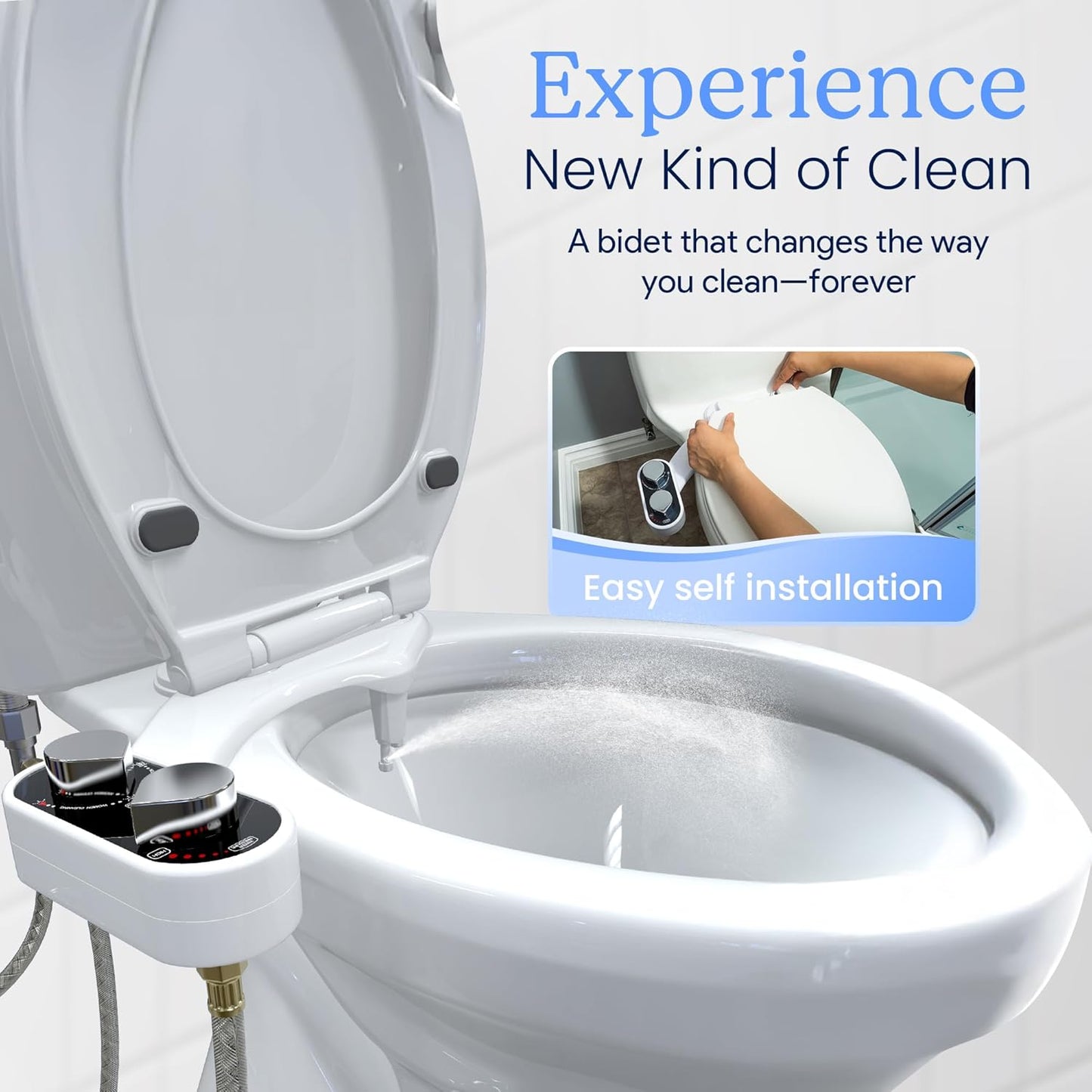Non-Electric CLEAR REAR Bidet Attachment for Toilet - Self-Cleaning Dual Nozzle, Adjustable Pressure, White