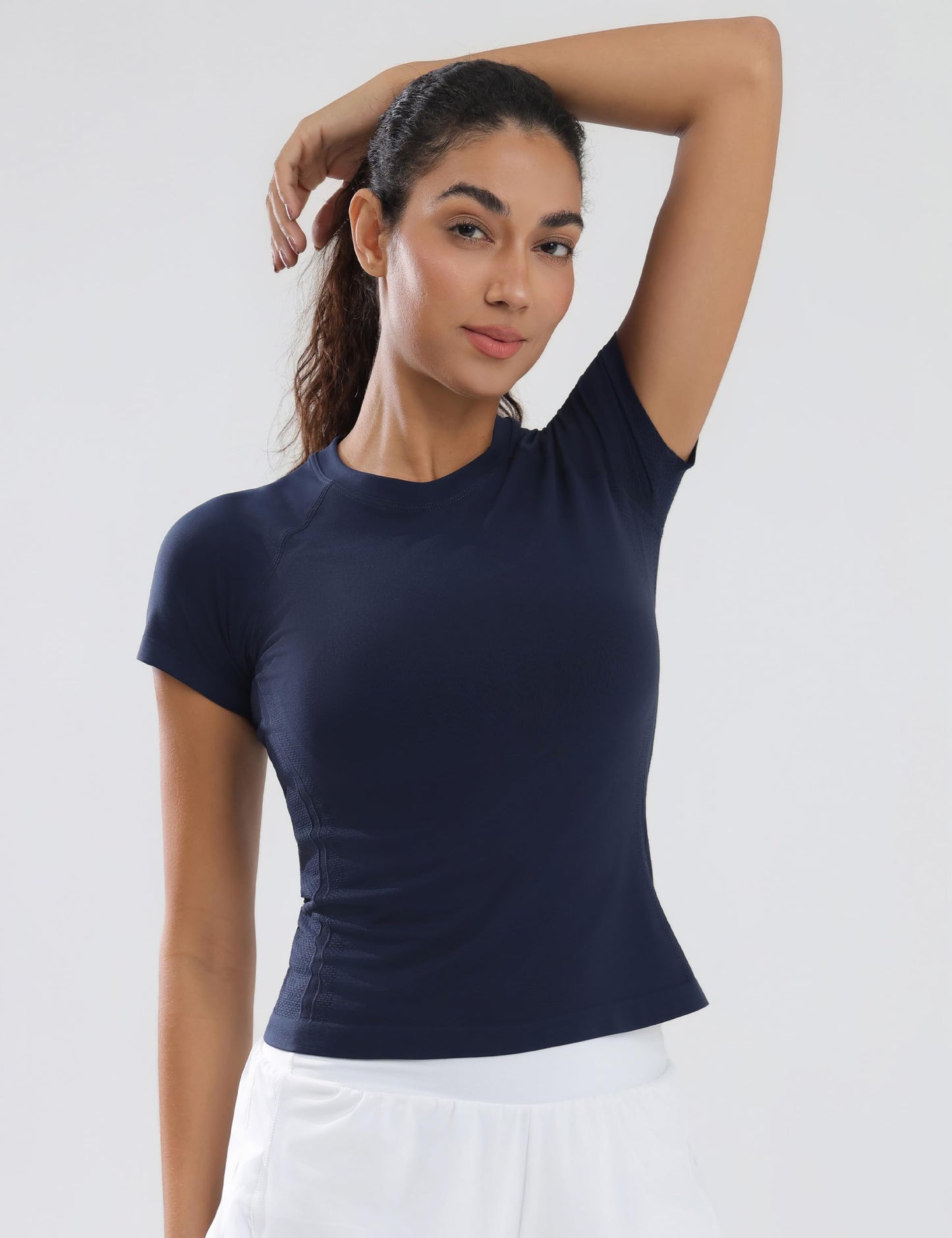 Nyvalle Workout Tops for Women Hip Length Athletic Running Gym Yoga Short Sleeve Shirts Seamless Breathable Crewneck Tees Navy