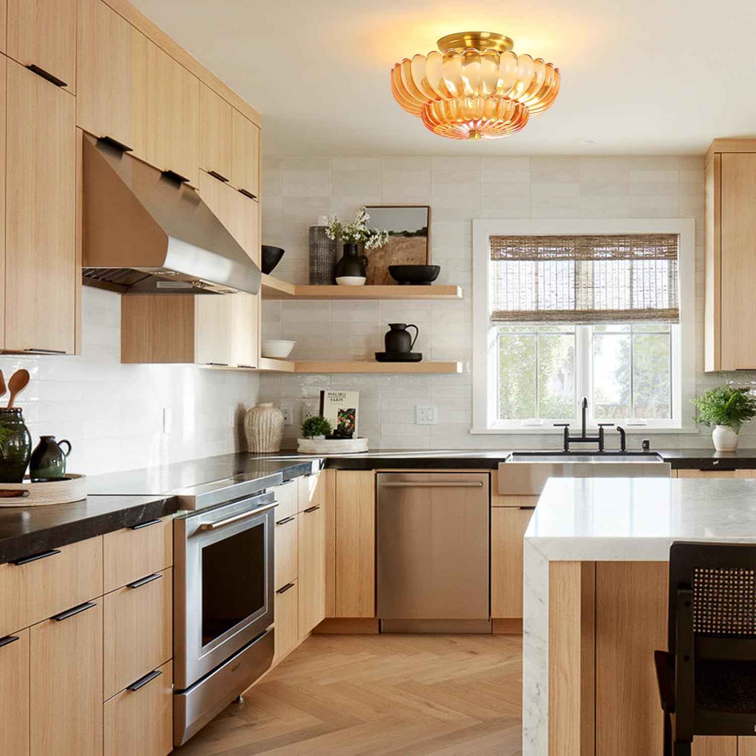 Modern Semi Flush Mount Ceiling Light Fixture with Brown Glass & Black Base - Ideal for Living Room, Kitchen, Bedroom, Hallway (Bulb Not Included)