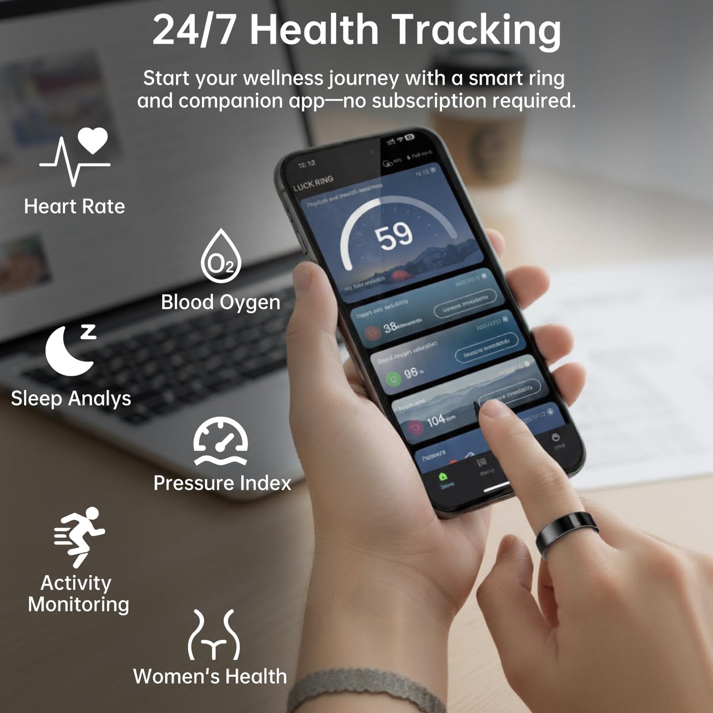 VAMOTRA Smart Ring for Women & Men, Fitness Tracker Ring with Heart Rate Monitor, HRV, Sleep Tracking, No Subscription Fee, 10ATM Waterproof Activity Ring for iPhone & Android (Gold, 8#)