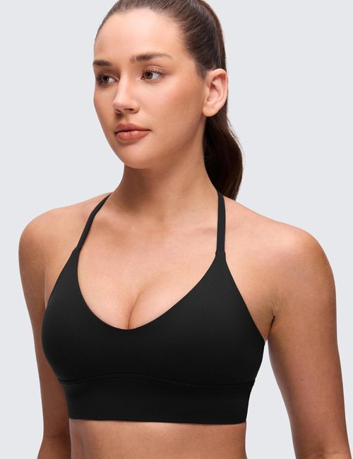 CRZ YOGA Butterluxe V Neck Longline Sports Bra - Padded Spaghetti Straps | Women's Yoga Crop Top
