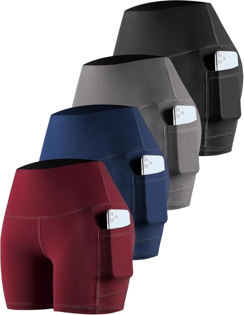 CHRLEISURE Women's Biker Yoga Shorts - High Waisted Tummy Control Spandex | 4-Pack with Pockets