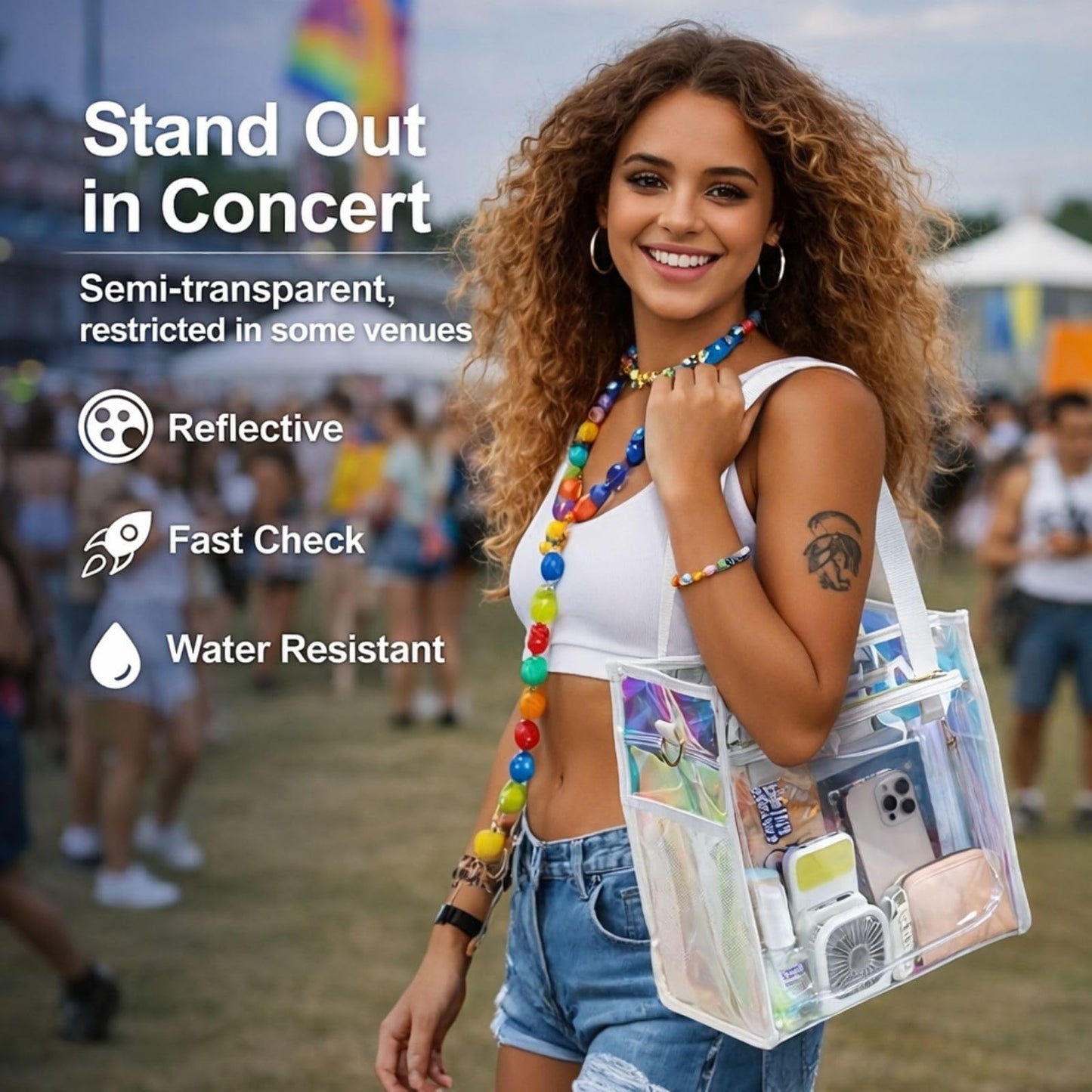 PACKISM Holographic Clear Tote Bag Stadium Approved - Clear Bag for Women 12×6×12 inch for Work Stadiums Concerts Events Quickly Pass, Iridescent White