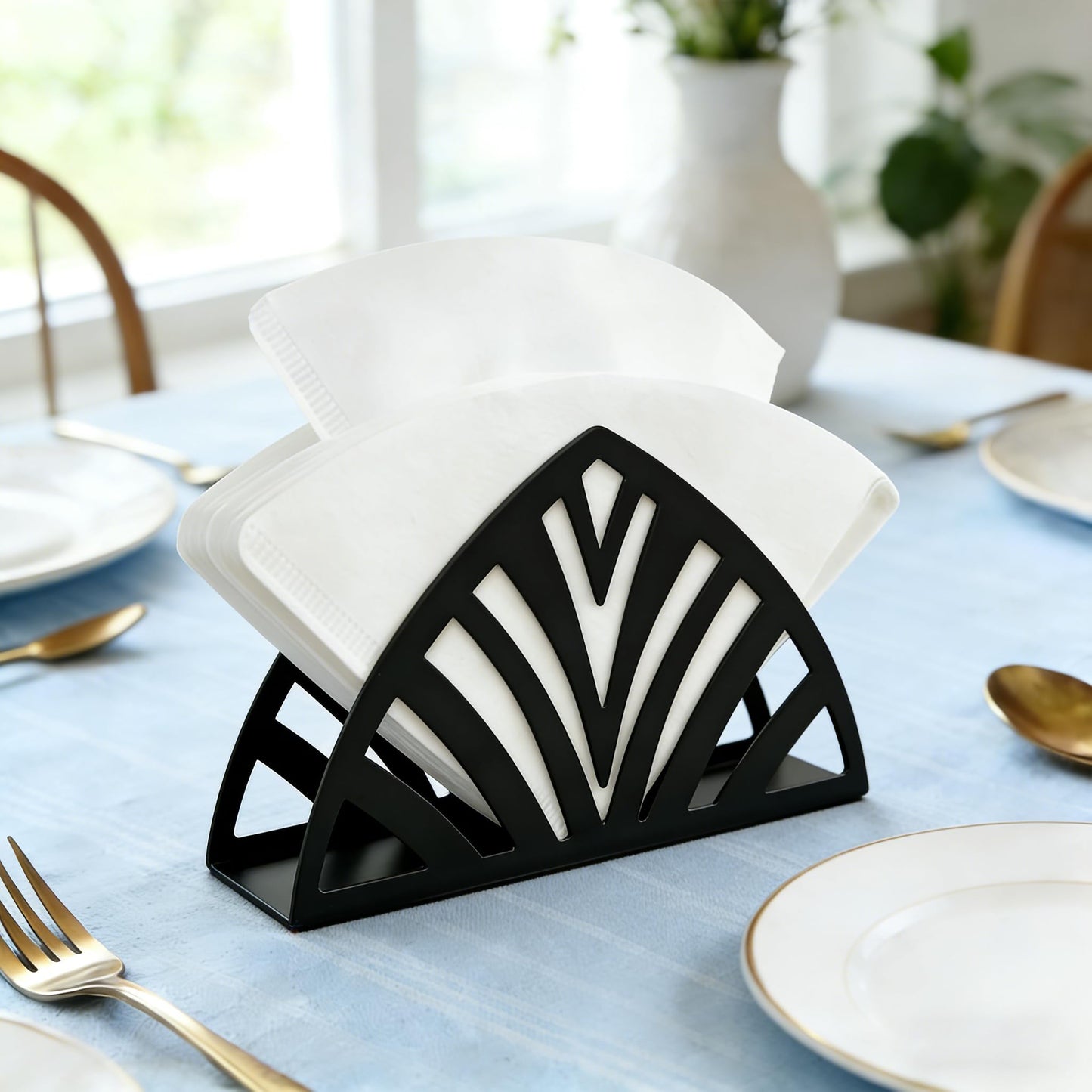 Resama Metal Napkin Holder for Table - Stylish Metal Napkin Holder with Leaf Texture for Kitchen, Cafe, and Dining Table, Black Countertop Napkin Holders for Home and Picnic