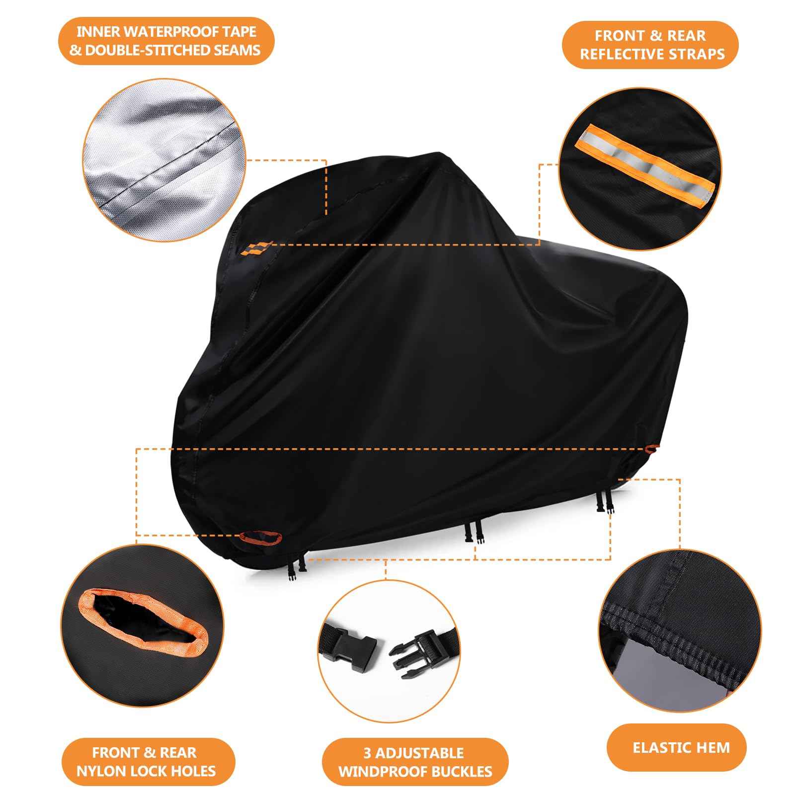Ebike Cover, 420d Oxford Outdoor Bike Cover, Durable Ripstop Lock Holes & 3 Buckles for Ebike Touring Mountain Bike up to 75 inch (L*W*H: 75" x 31" x 40")