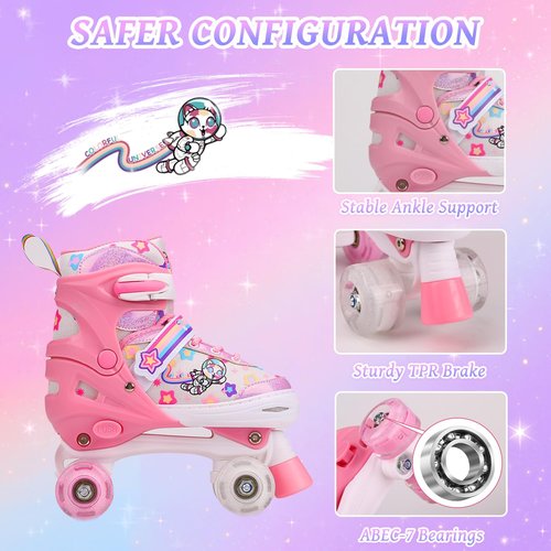 Kids Roller Skates Adjustable Roller Skates Girls Ages 3-12, 4 Size Adjustable Kids Skates, with 4 Light UP Wheels, Roller Skates for Toddlers Beginner (Pink, M)