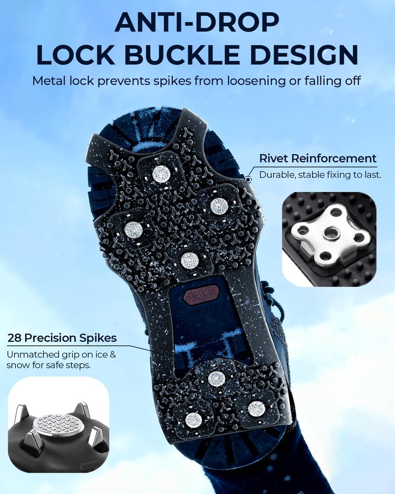 Sportneer Crampons： Ice Cleats for Shoes and Boots with 28 Spikes - Traction Slip-on Stretch Footwear for Walking and Shoveling on Ice and Snow - Lightweight for Women and Men