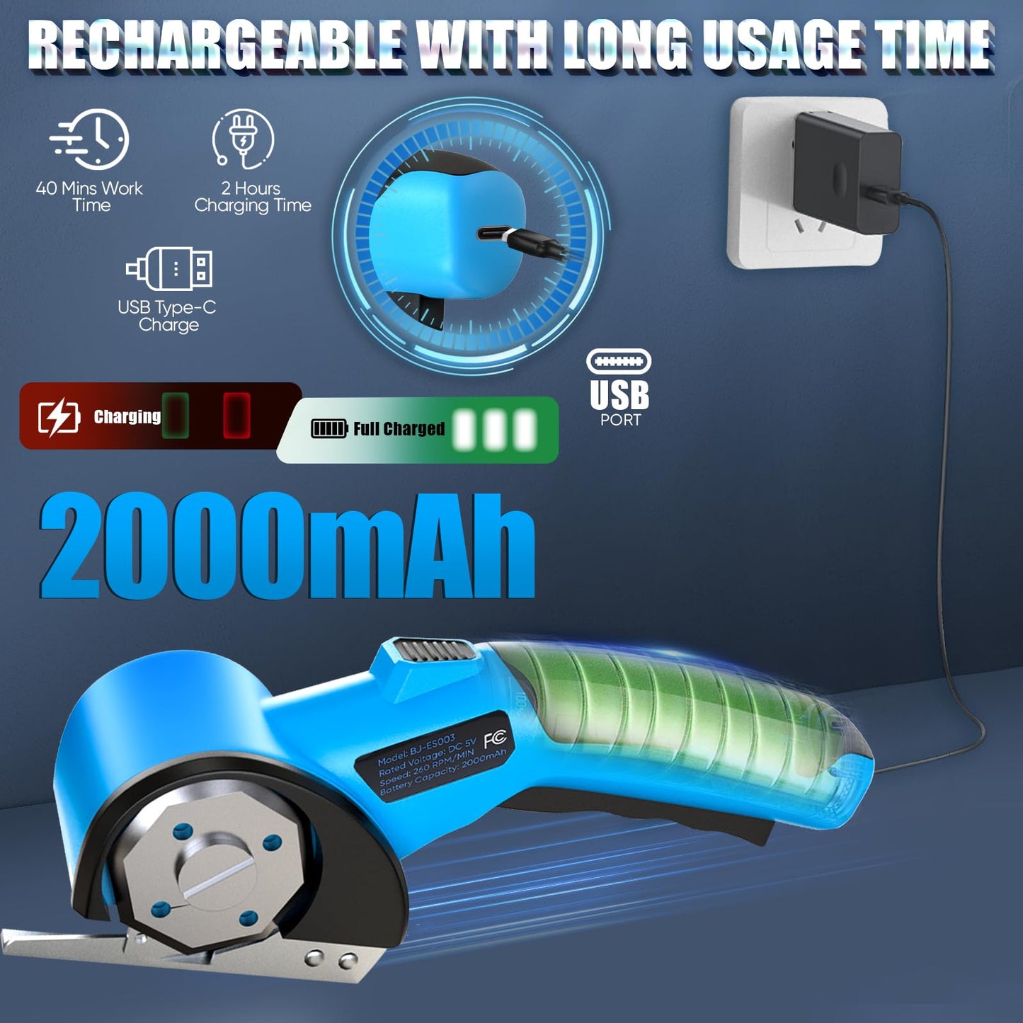 Cordless Electric Scissors, 5V Rechargeable Cardboard Box Cutter Heavy Duty Rotary Tool with Safety Lock & LED Light for Cardboard, Fabric, Box (Blue)