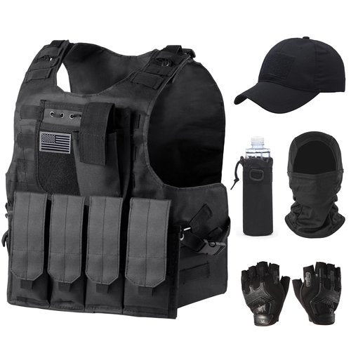 Aythwnyn Tactical Vest Set for Men - Airsoft Paintball Gear and Equipment with Helmet, Cup Cover, Gloves & Visor (Black, 6-Piece Kit)