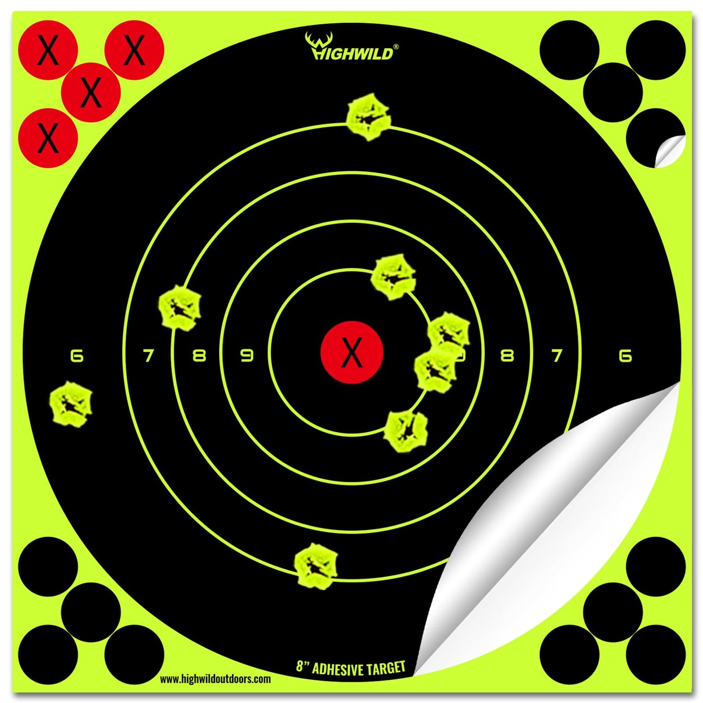 Highwild Stick Splatter Adhesive Bullseye Bright Fluorescent Yellow Shooting Targets - 8x8 Inch (50 Pack)