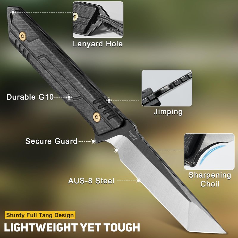 NedFoss EDC Fixed Blade Knife with Sheath, 3.7" AUS-8 Steel Tanto Blade Tactical Knife with G10 Handle, Camping Fixed Blade Small EDC Knives for Hunting, Survival