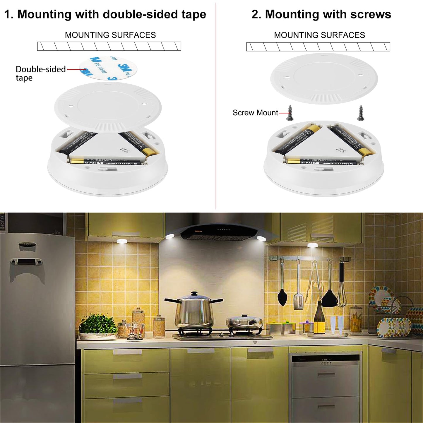 LUXSWAY LED Puck Light, Ultra-Thin Touch Light, Battery Operated, Tap Lights, 60 Lumens, Stick on Lights, Under Cabinet Lighting, Ideal for Kitchen Cabinets, Closets, Garage and More, 3-Pack, White