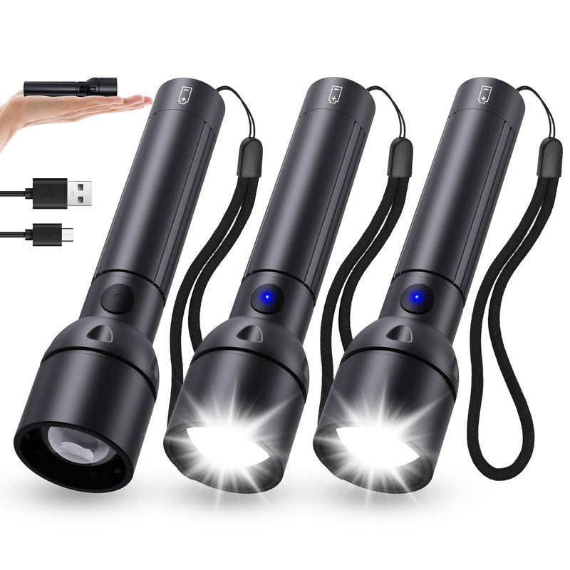 Small Powerful Flashlight Rechargeable High Lumens 3Packs-800L Pocket Bright Flash Light with 12H Long Life,5 Modes,Zoomable, USB C LED Tactical Flashlights for Home Emergency Camping Outdoor Rescue