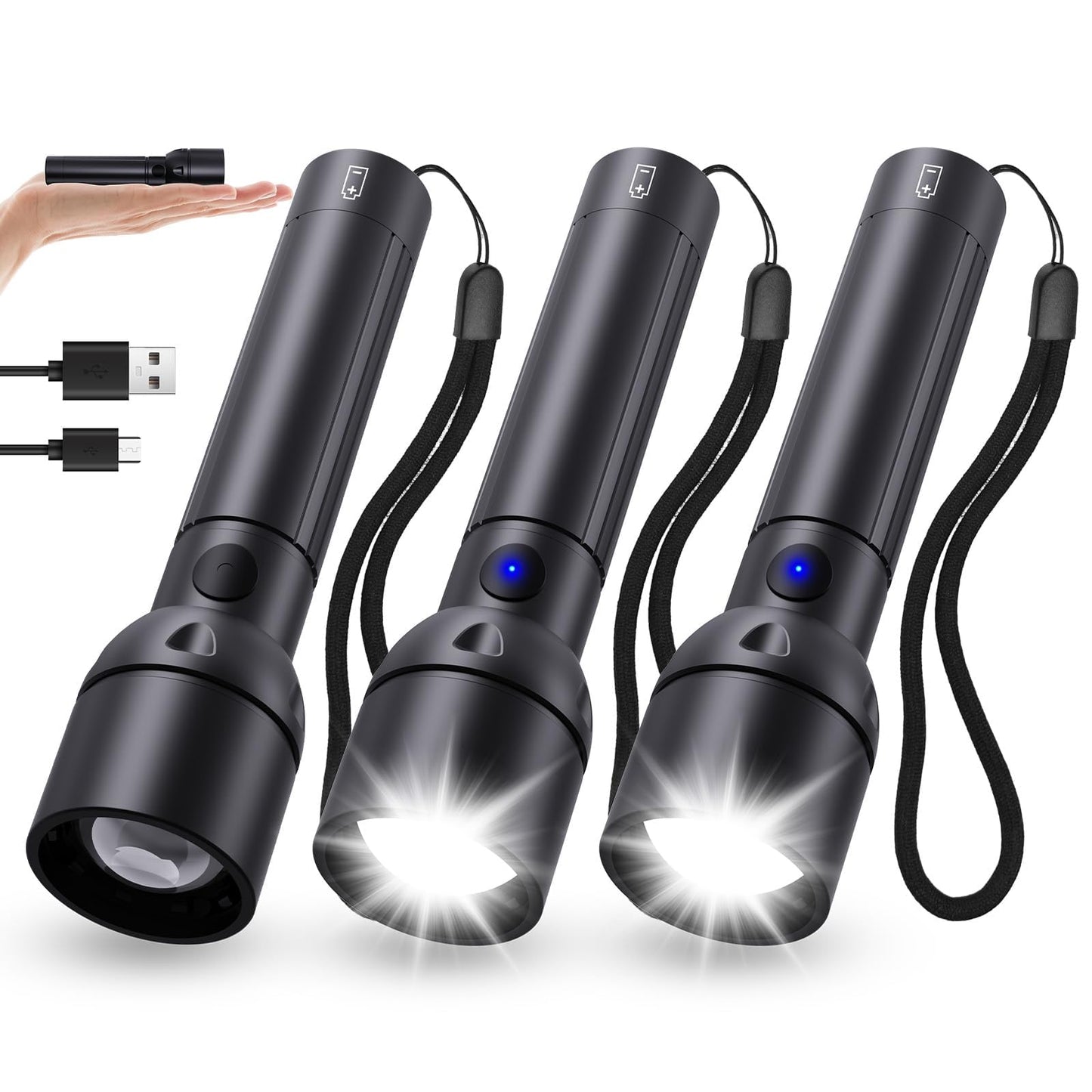 Small Powerful Flashlight Rechargeable High Lumens 3Packs-800L Pocket Bright Flash Light with 12H Long Life,5 Modes,Zoomable, USB C LED Tactical Flashlights for Home Emergency Camping Outdoor Rescue
