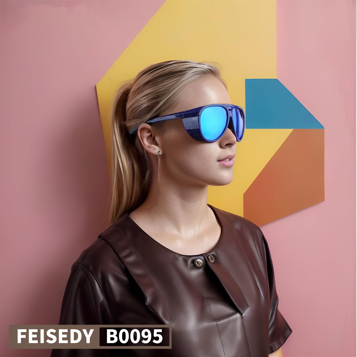 FEISEDY Polarized Aviator Sunglasses Men Women Oversized Round Steampunk Sunglasses Side Shield Goggles B0095