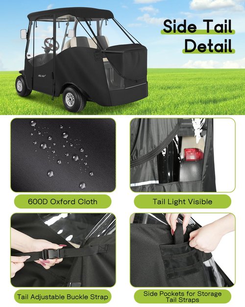 WEIMELL 4 Passenger Golf Cart Enclosure for Club Car Precedent Tempo Short Roof 2+2 57.5" Waterproof Windproof Driving Rain Cover 4-Seater with 4-Sided Clear Windows Roll-up Zipper Door Black