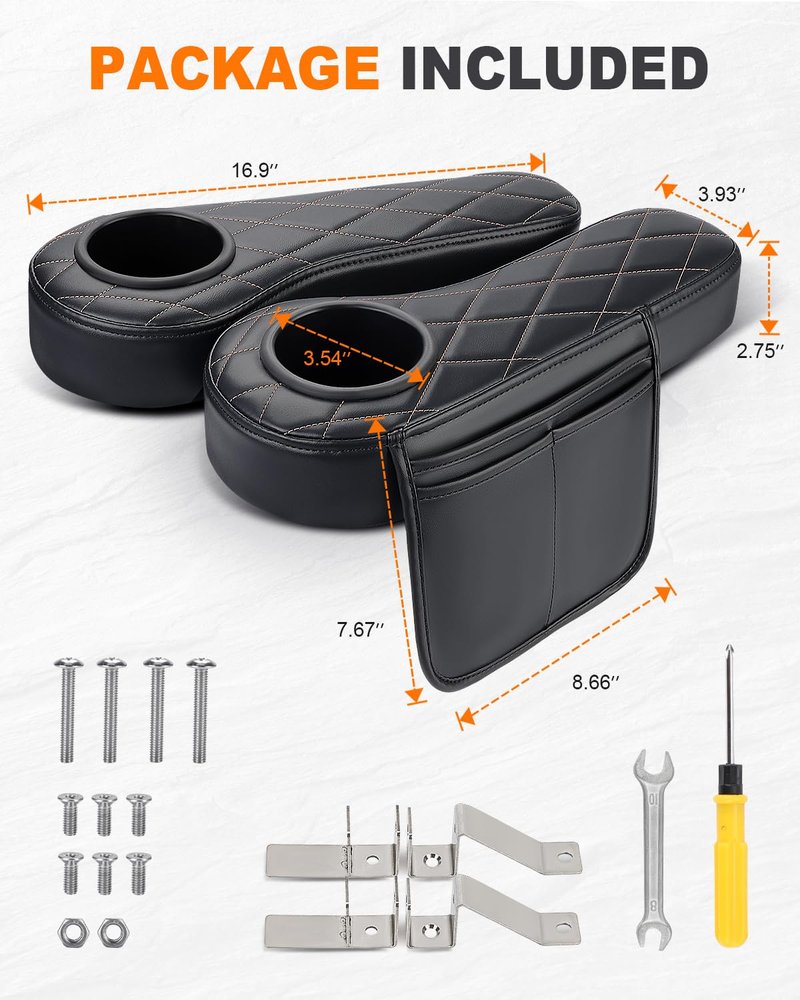 SKYJDM Golf Cart Armrest with Cup Holder & Rear Seat Organizer, No Drilling Golf Cart Diamond Arm Rest Fits 1" Square Tube Frame Compatible with EZGO Club Car Yamaha, Enhanced Storage & Comfort