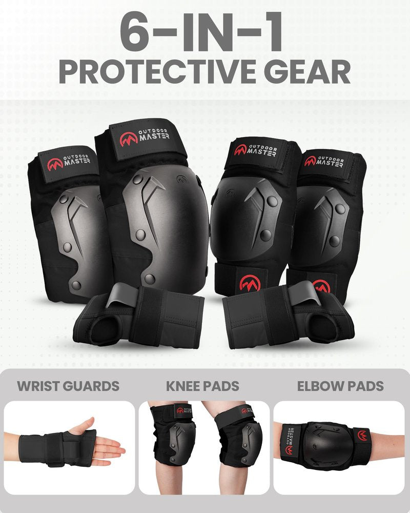 OutdoorMaster Adult Knee and Elbow Pads Set - Skate Protective Gear with Wrist Guards - For Adult & Youth - Black, M/L - [6pcs]