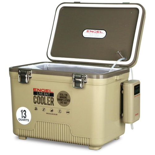 ENGEL 13 Quart Live Bait Cooler PRO for Fishing - Portable Minnow and Bait Bucket with Lithium-Ion Rechargeable Aerator - Tan (13Qt)