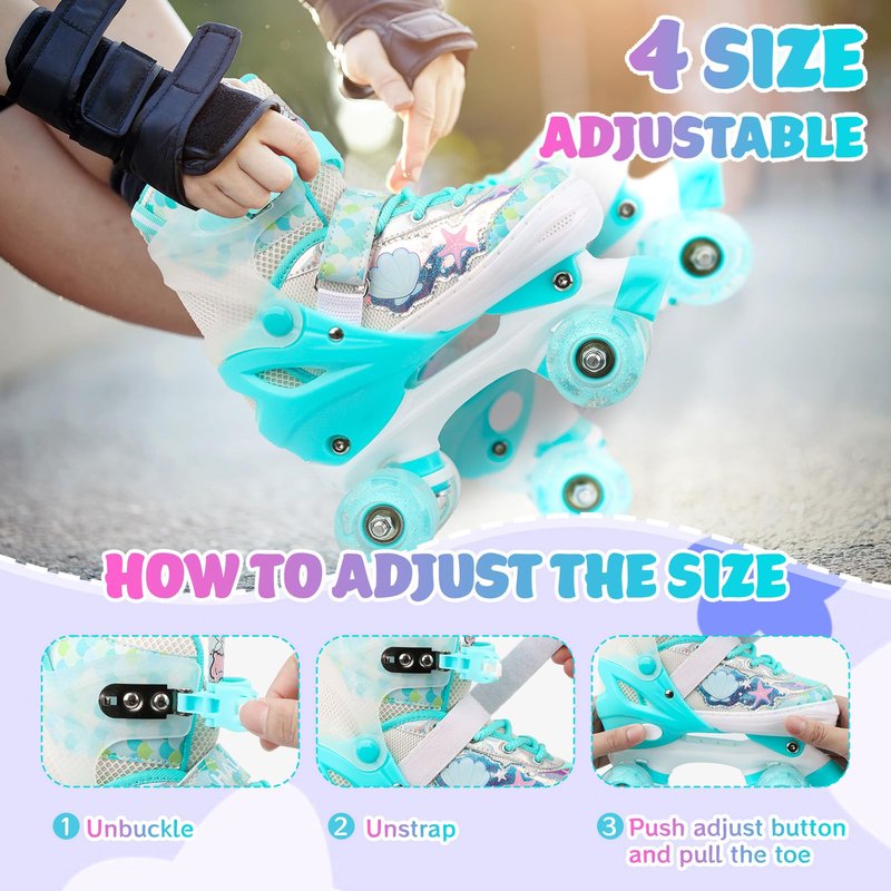 HALOSK Mermaid Roller Skates for Kids Girls Boys, 4 Size Adjustable Quad Skates with 8 Wheels Light up Fish Scale Design for Beginner Ages 3-12