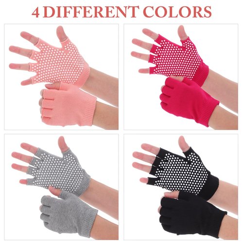 GOOHOCHY 4 Pairs Non-Slip Yoga & Pilate Gloves - Half Finger Ballet Dance Gloves with Wrist Grips - Cotton Ladies Mittens Protection Equipments