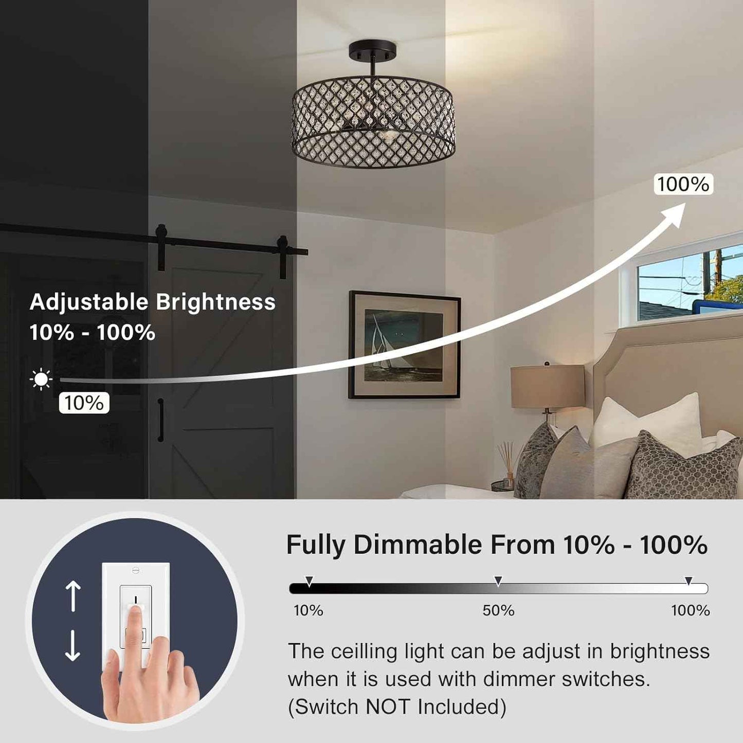 Modern Black Crystal Semi Flush Mount Ceiling Light Fixture - 11.2" Round Chandelier for Dining Room, Hallway, Kitchen & Bedroom