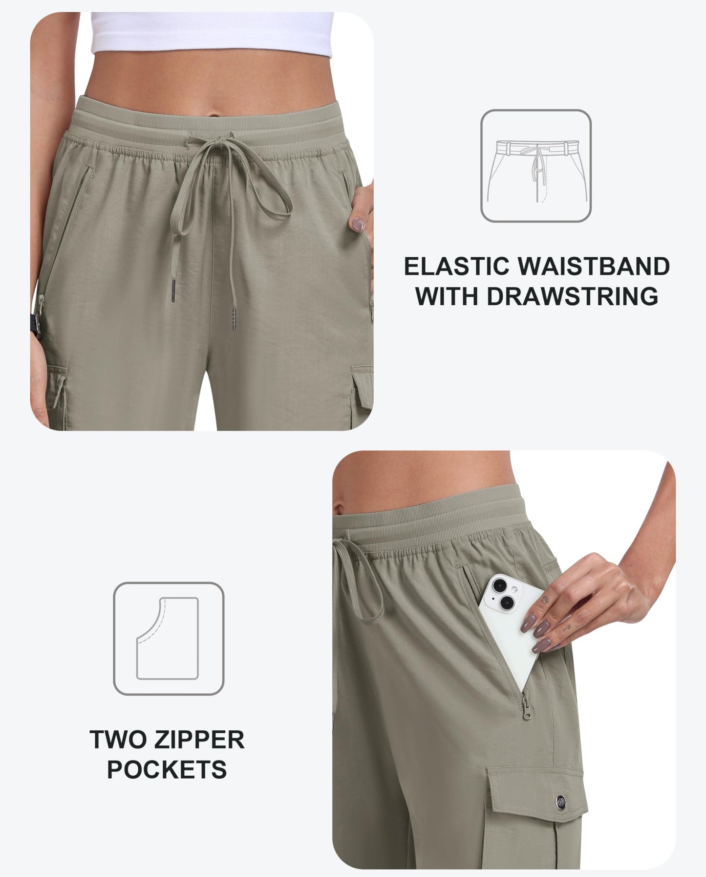 MoFiz Womens Shorts with Pockets Loose Fit Casual Cargo Shorts Lightweight Ladies Hiking Shorts Grey Khaki XL